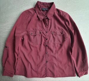 Elementz Red/Orange & Black Striped Button-Down Utility Blouse Petite Large (PL)